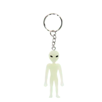 Glow-in-the-dark alien keyring with silver chain and key ring