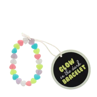 Glow-in-the-dark pastel heart bead bracelet with tag.