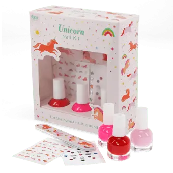Unicorn-themed nail kit with nail polishes, nail file, stickers displayed beside illustrated retail packaging.