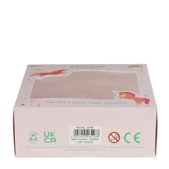 Bottom of Unicorn Nail Kit packaging showing barcode, recycling symbols, safety icons and product information.