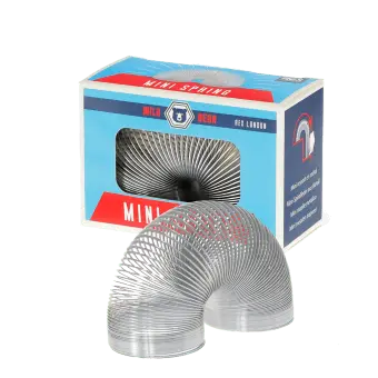 Mini metal spring toy displayed in a curved shape beside blue Wild Bear branded retail packaging.