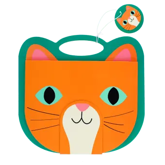 Orange cat-faced sketchbook with teal handle, stylised eyes, whiskers and ears with tag.