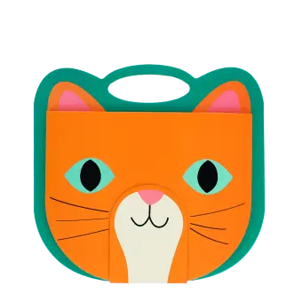 Orange cat-faced sketchbook with teal handle, stylised eyes, whiskers and ears.