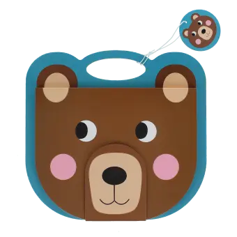 Brown bear-faced sketchbook with a blue handle, round ears, pink cheeks shown with tag.