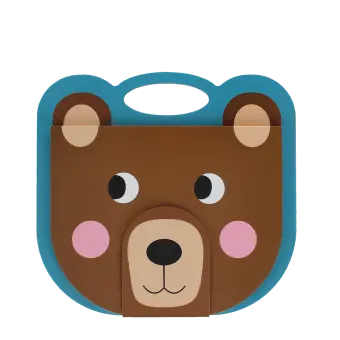 Brown bear-faced sketchbook with a blue handle, round ears, pink cheeks and smile.