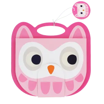 Pink owl-faced sketchbook with a carry handle, large eyes and orange beak. shown with tag.