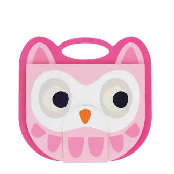 Pink owl-faced sketchbook with a carry handle, large eyes and orange beak.