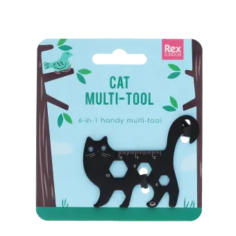 Cat-shaped 6-in-1 multi-tool in black metal, displayed on illustrated retail packaging