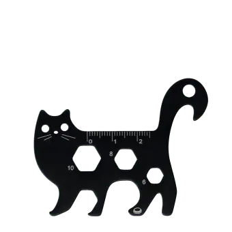 Black cat-shaped multi-tool with ruler and wrench cut-outs.