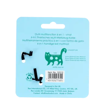 Back of cat-shaped multi-tool packaging with product features, barcode and recycling symbol.
