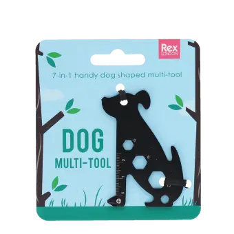 Dog-shaped 6-in-1 multi-tool in black metal, displayed on illustrated retail packaging