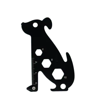 Dog-shaped multi-tool with ruler and wrench cut-outs.