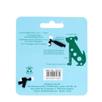 Back of dog-shaped multi-tool packaging with product features, barcode and recycling symbol.