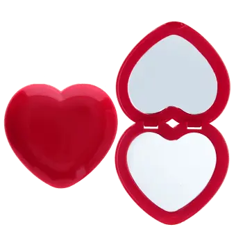 Red heart-shaped compact mirror, closed and open showing two mirrors inside.