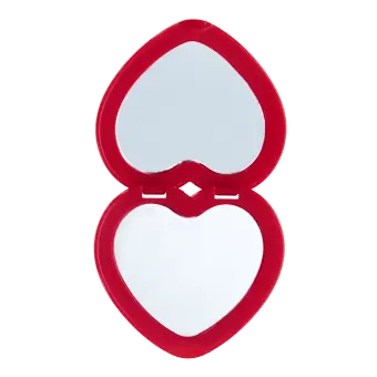 Red heart-shaped compact mirror, open showing two mirrors inside.