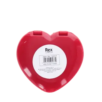 Back view of a red heart-shaped compact mirror with a white circular label showing a barcode.