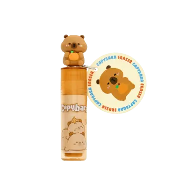 Capybara eraser in a plastic tube with a capybara figure on the lid.