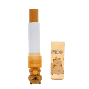 Capybara eraser with open lid, showing the capybara-shaped topper and eraser stick.