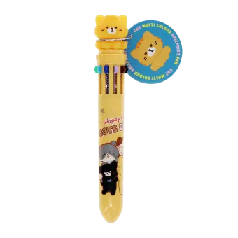 Cat-themed multi-colour ballpoint pen with six ink colours and a cat topper with tag.