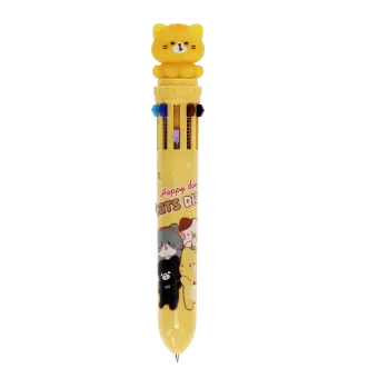 Cat-themed multi-colour ballpoint pen with six ink colours and a cat topper.