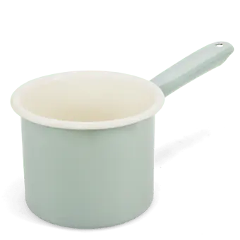 Pistachio green enamel milk pot with white interior and long handle.
