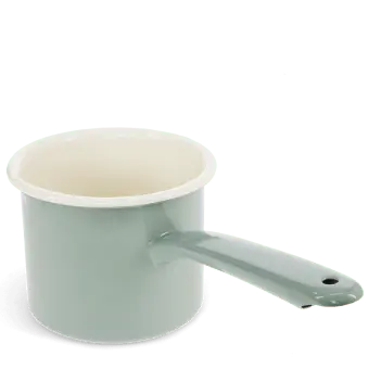 Pistachio green enamel milk pot with white interior and long handle.