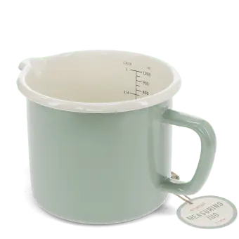 Pistachio green enamel measuring jug with pour spout and 1 litre internal markings shown with a tag.