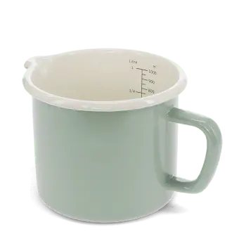 Pistachio green enamel measuring jug with pour spout and 1 litre internal markings.