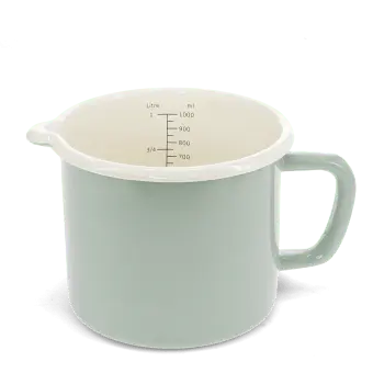 Pistachio green enamel measuring jug with pour spout and 1 litre internal markings.