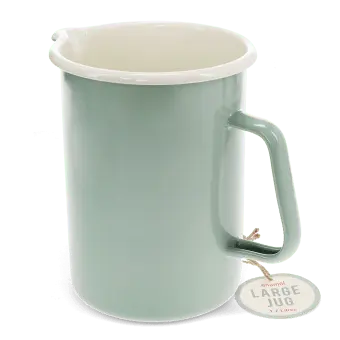 Pistachio green enamel jug with pour spout, white interior and 1.7 litre capacity shown with a tag.