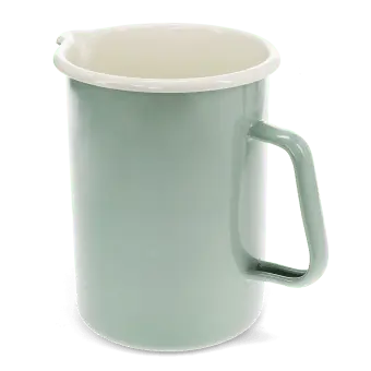 Pistachio green enamel jug with pour spout, white interior and 1.7 litre capacity.