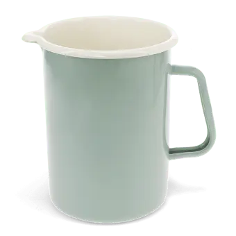 Pistachio green enamel jug with pour spout, white interior and 1.7 litre capacity.