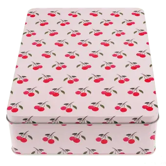 Rectangular pink storage tin with a red cherry pattern