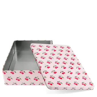 Rectangular pink storage tin with removable lid in red cherry pattern