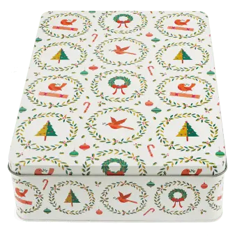Rectangular storage tin decorated with Christmas tree, baubles, wreaths and candy canes.