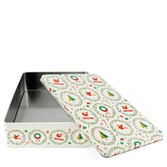 Rectangular storage tin with removable lid in Christmas tree, baubles, wreaths and candy canes.
