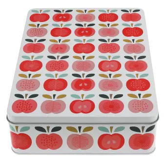 Rectangular storage tin decorated with vintage apple pattern. 
