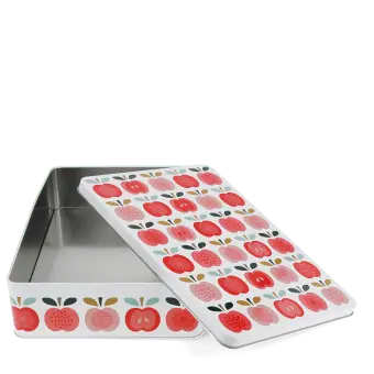 Rectangular storage tin with removable lid in vintage apple pattern. 