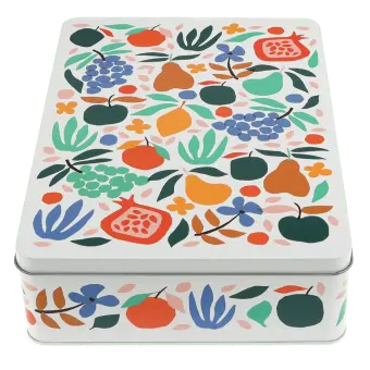 Rectangular storage tin decorated with colourful fruit, flowers and leaves pattern.