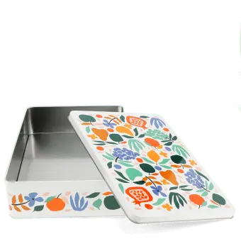 Rectangular storage tin with removable lid in fruit, flowers and leaves design.