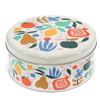 Round cake tin with a colourful fruit and floral pattern