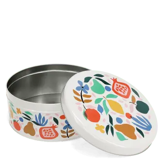 Round cake tin with open lid featuring a floral and fruit pattern