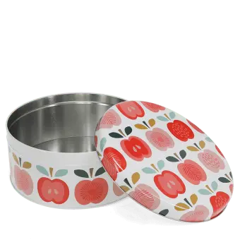 Round cake tin with open lid featuring a vintage-style apple pattern