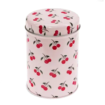 Pink canister tin with lid, decorated with red cherry pattern