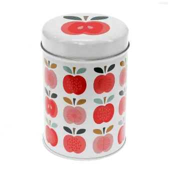 Canister tin with lid, decorated with vintage-style apple pattern