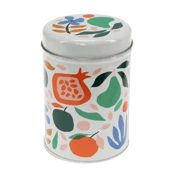 Canister tin with lid, decorated with colourful fruit and floral pattern