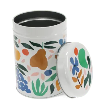 Canister tin with open lid, decorated with colourful fruit and floral pattern