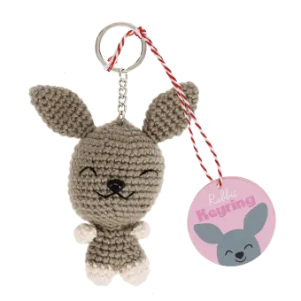 Crochet rabbit keyring with long ears and a silver metal keyring attachment with tag.