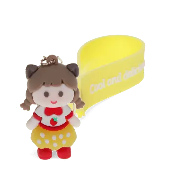 Strawberry girl bag charm with yellow polka dot skirt, silicone wrist strap and keyring