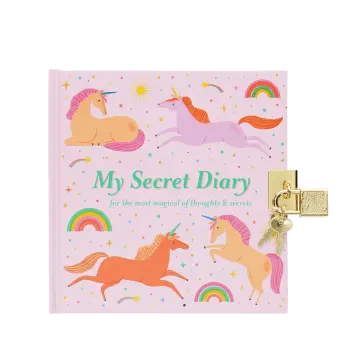 Pink unicorn-themed secret diary with a gold padlock and keys.
